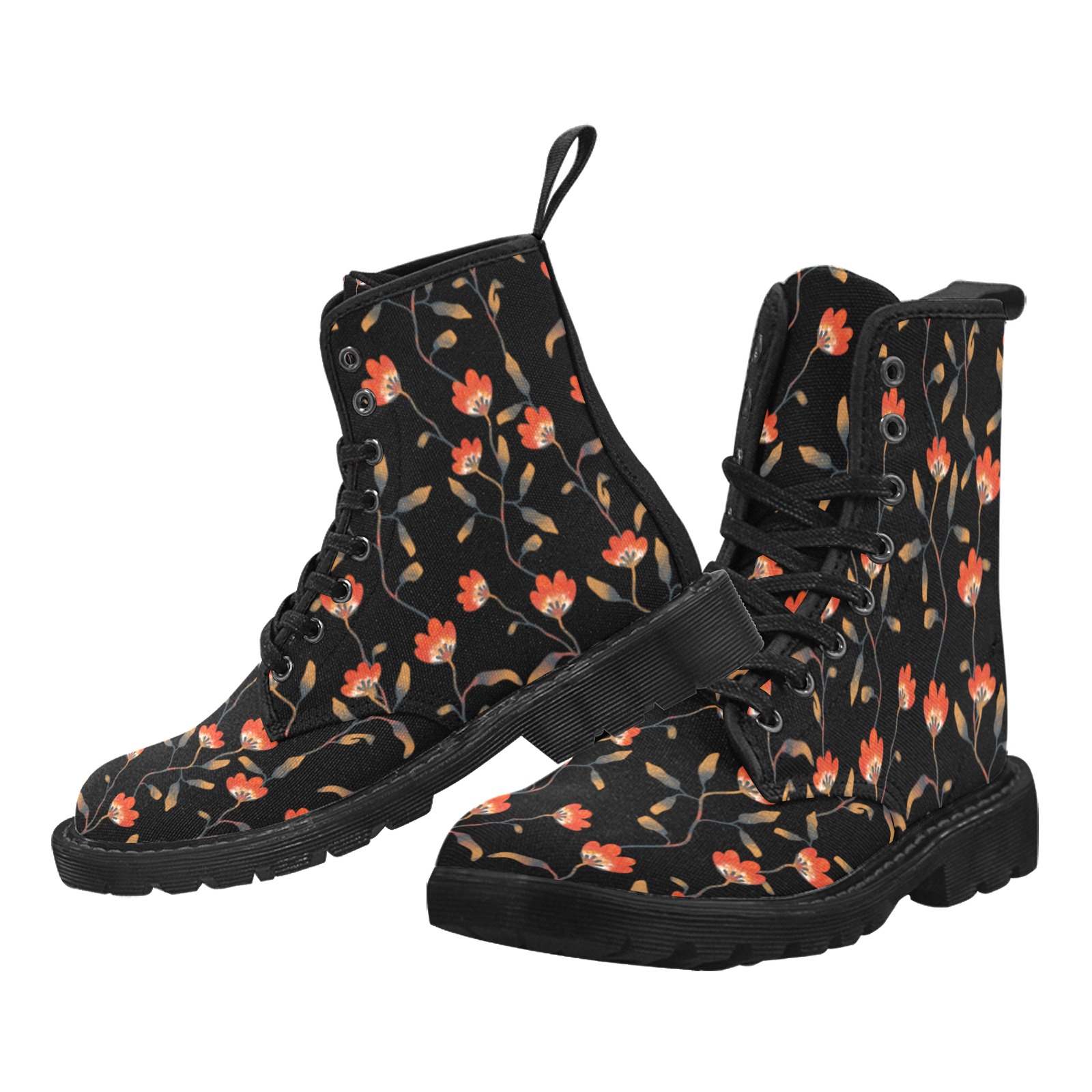 Pretty Red Flowers Martin Boots for Women (Black) (Model 1203H)