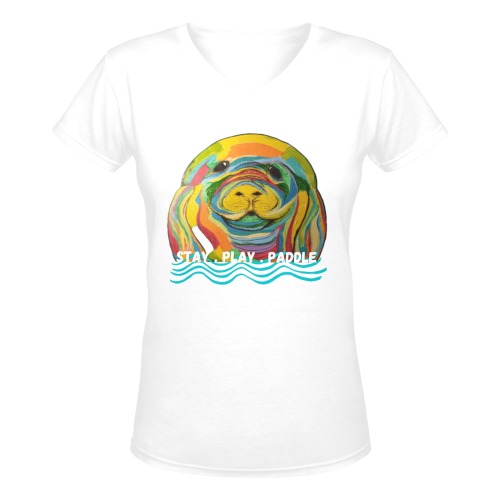 Manatee Landing Merlyn White Women's Deep V-neck T-shirt (Model T19)