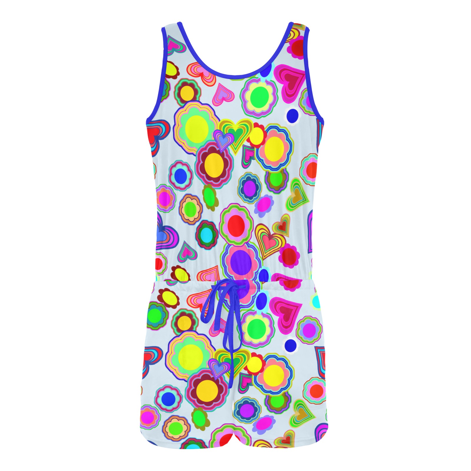 Groovy Hearts and Flowers Blue All Over Print Vest Short Jumpsuit
