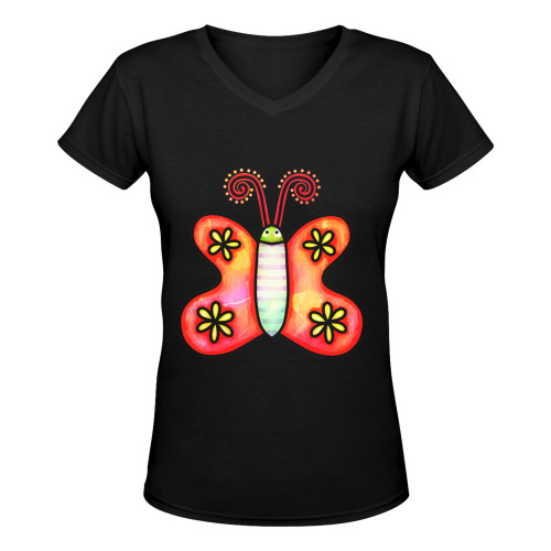 Watercolor Butterfly Doodle Cartoon Women's Deep V-neck T-shirt (Model T19)