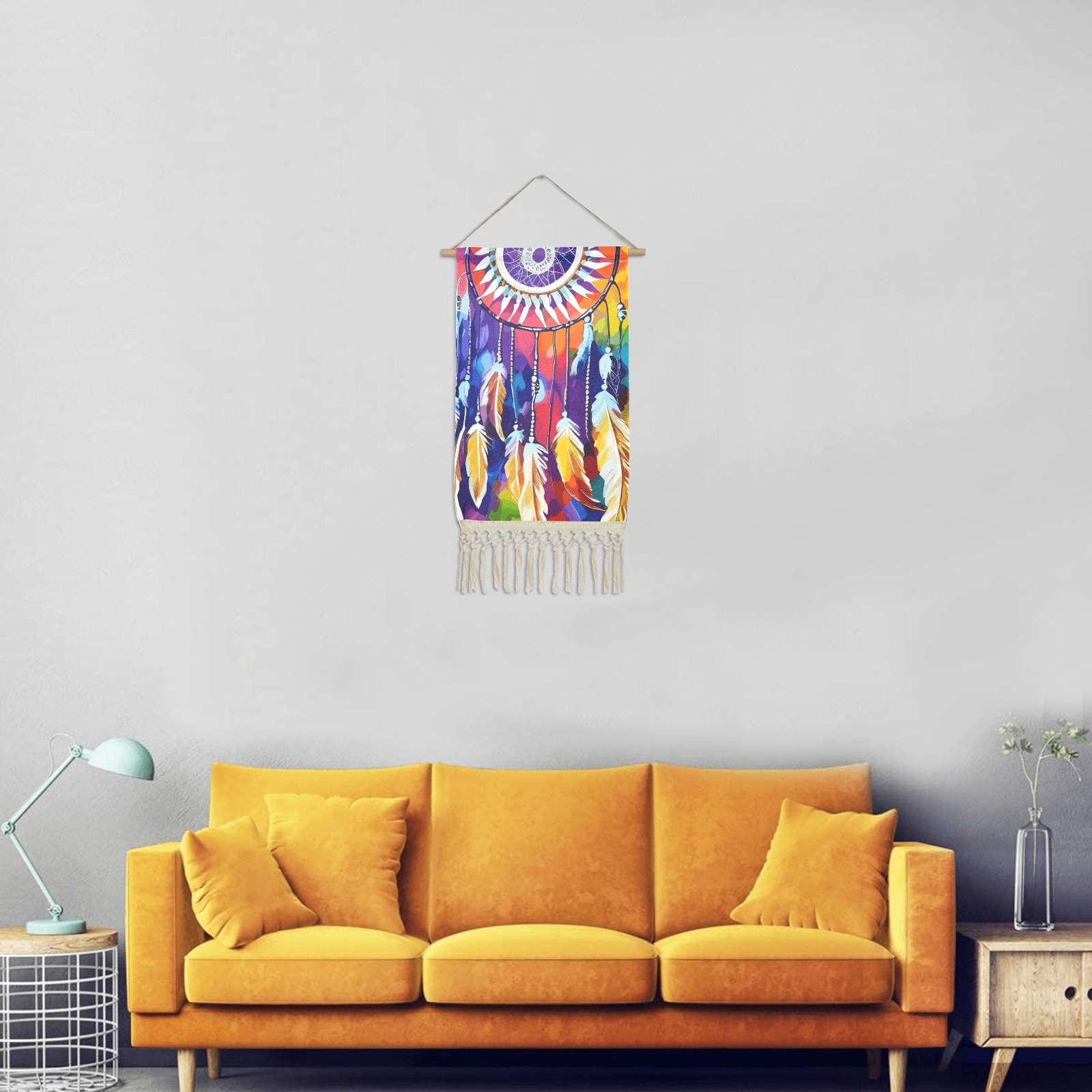 Purple dreamcatcher, colorful background art. Linen Hanging Poster