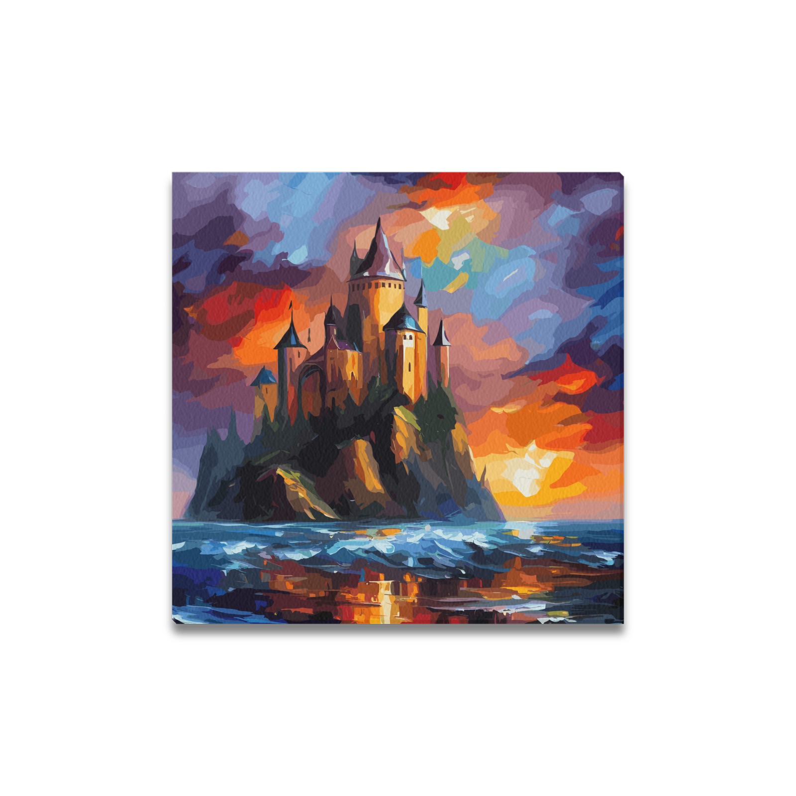 Cool fantasy castle on an island. Ocean sunset. Upgraded Canvas Print 16"x16"