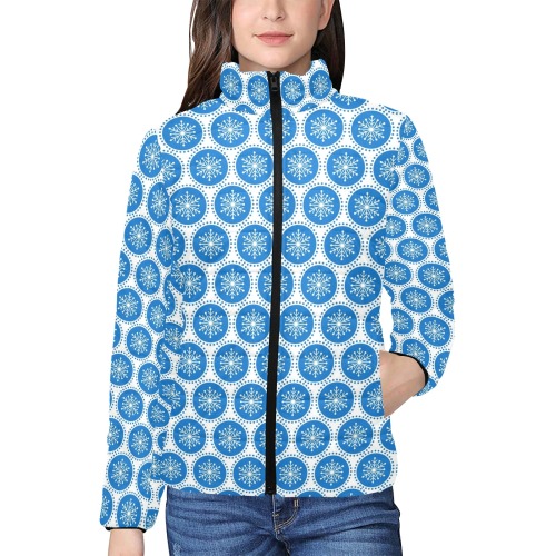 Snowflake Dots Blue Women's Stand Collar Padded Jacket (Model H41)