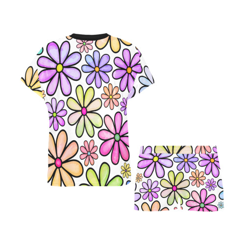 Watercolor Rainbow Doodle Daisy Flower Pattern Women's Short Pajama Set