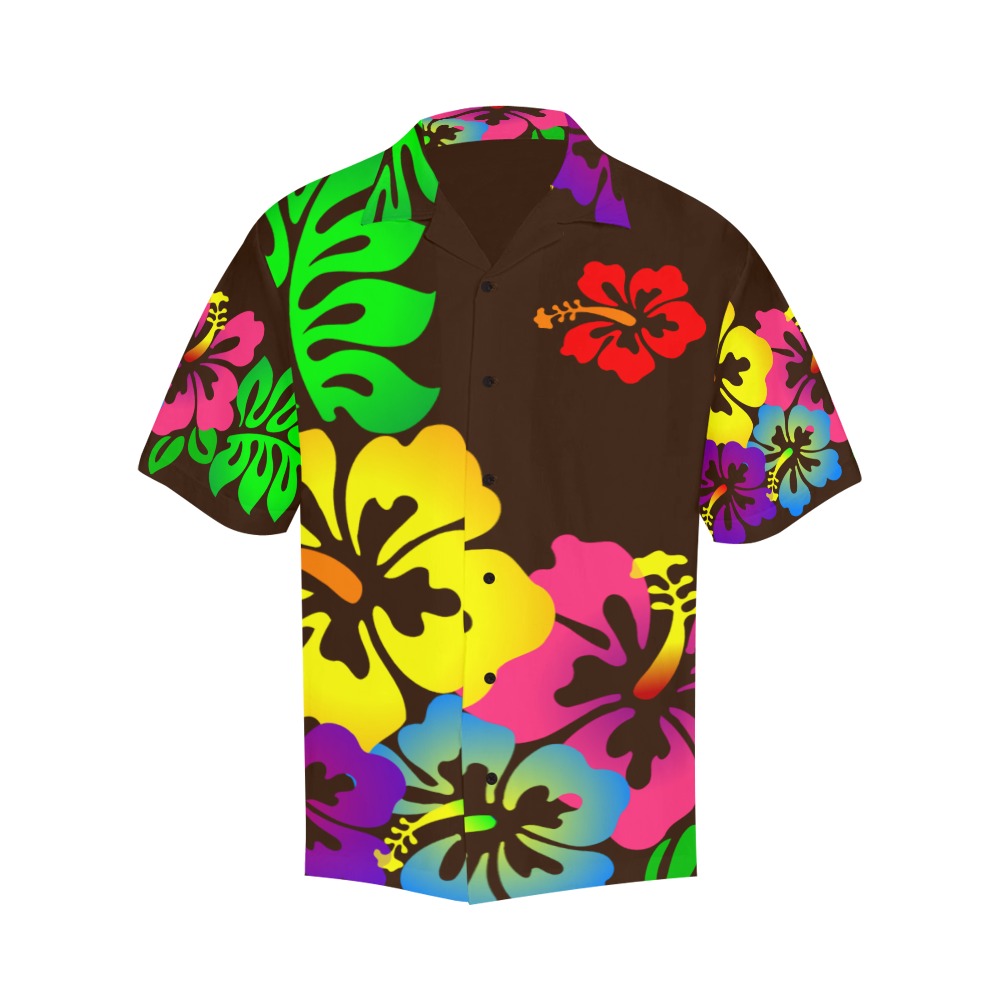 Hibiscus Hawaiian Flowers on Brown Hawaiian Shirt (Model T58)