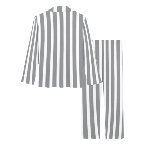 Grey and White Stripe Pattern Women's Long Pajama Set