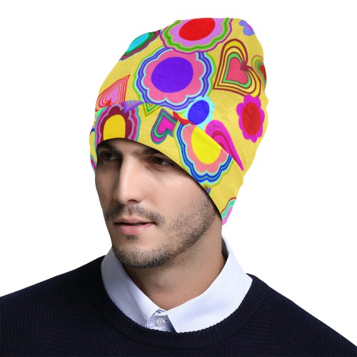 Groovy Hearts and Flowers Yellow All Over Print Beanie for Adults