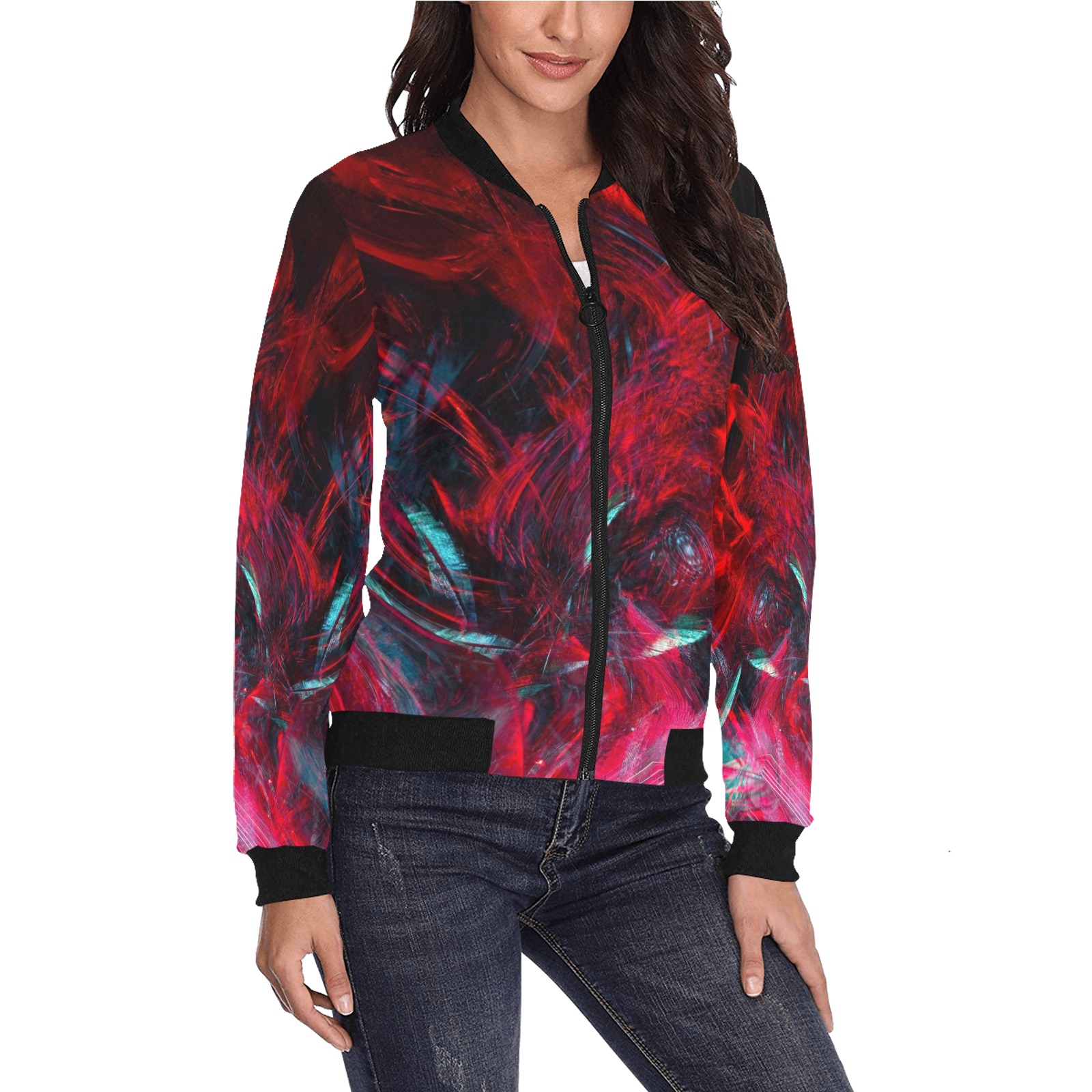Abstract-Red All Over Print Bomber Jacket for Women (Model H36)