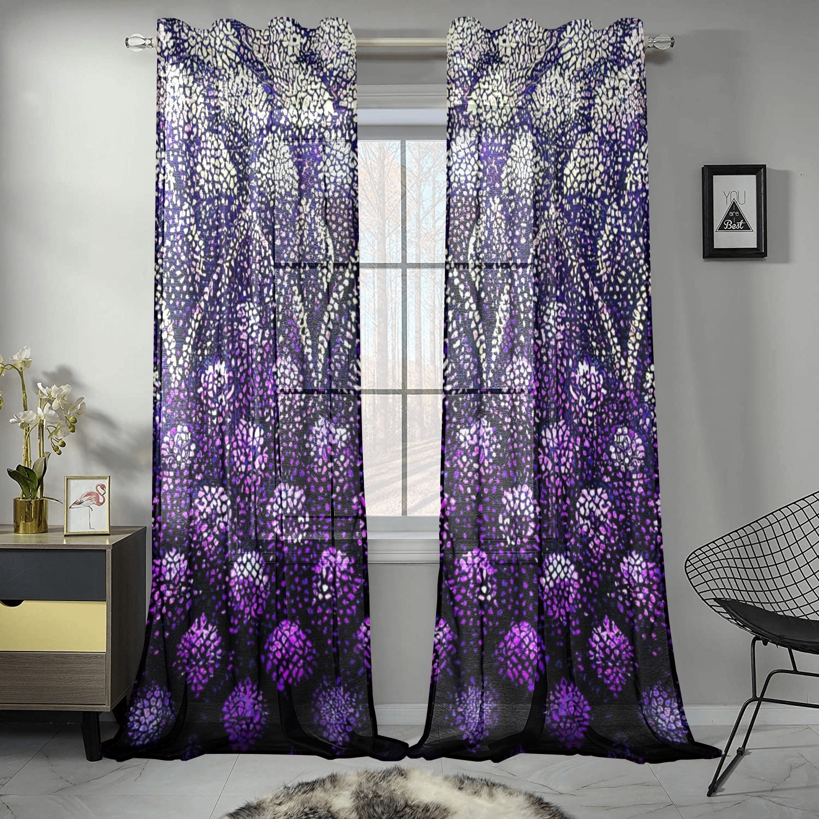 purple flower pattern Gauze Curtain 28"x95" (Two-Piece)