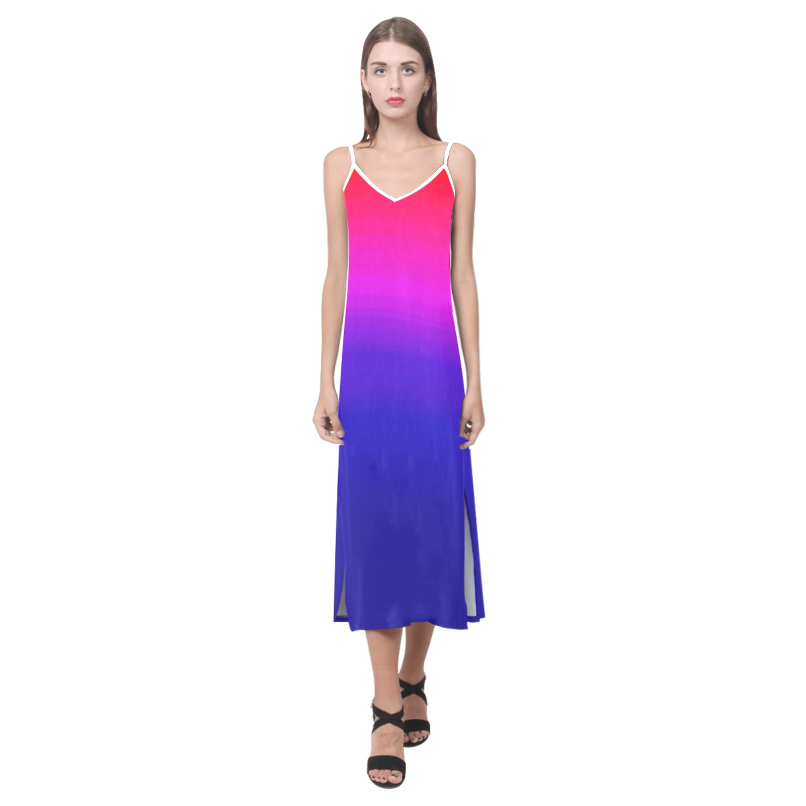 pink and blue V-Neck Open Fork Long Dress(Model D18)