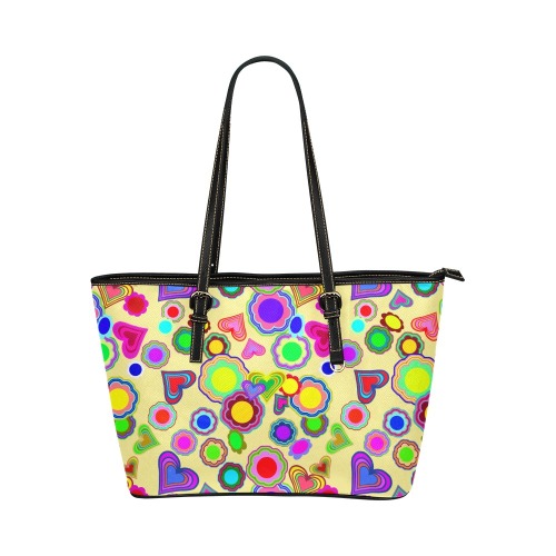 Groovy Hearts and Flowers Yellow Leather Tote Bag/Large (Model 1651)