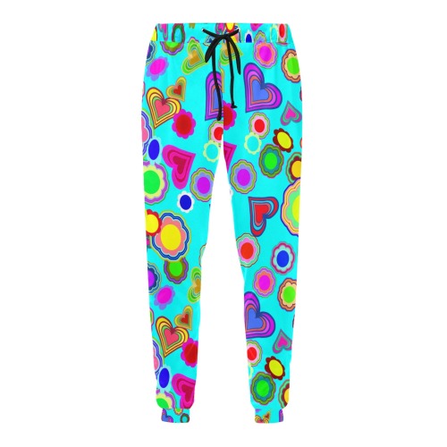 Groovy Hearts and Flowers Blue Unisex Casual Sweatpants (Model L11)
