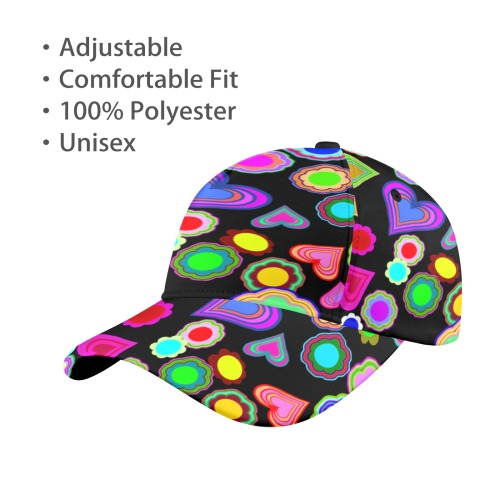 Groovy Hearts and Flowers Black All Over Print Dad Cap
