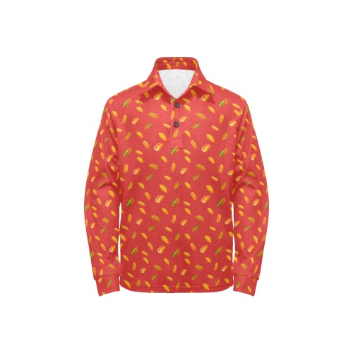 Hot Dog Pattern on Red Big Boys' All Over Print Long Sleeve Polo Shirt (Model T73)