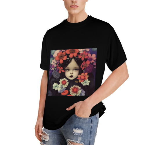 girl with orange knit flowers Men's Glow in the Dark T-shirt (Front Printing)