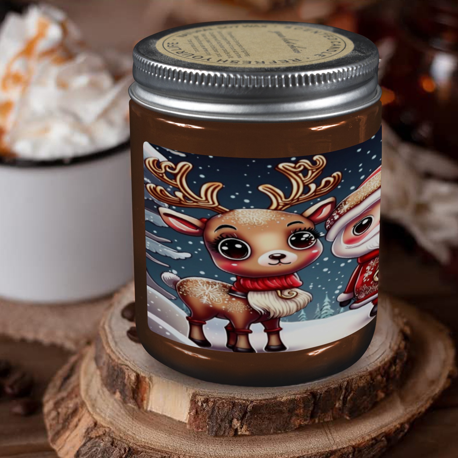 Santa and Reindeer Tawny Candle Cup - Large Size (Rose Sandal)