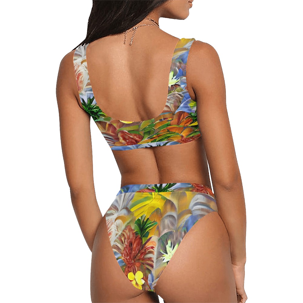 Tropical Abstract Sport Top & High-Waisted Bikini Swimsuit (Model S07)
