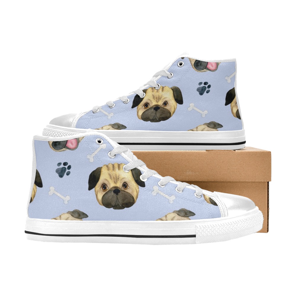 Pug Faces on Blue Background High Top Canvas Shoes for Kid (Model 017)
