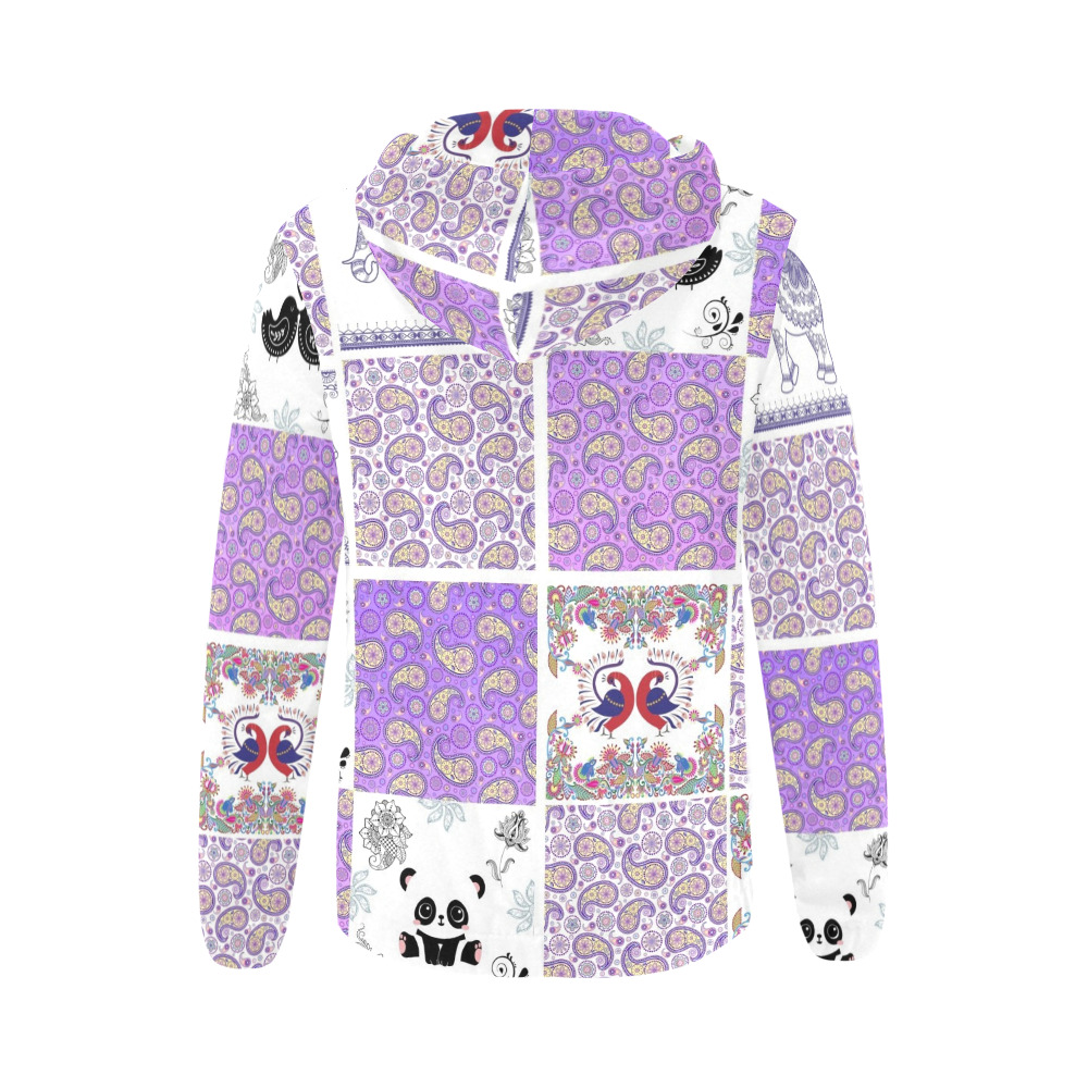 Purple Paisley Birds and Animals Patchwork Design All Over Print Full Zip Hoodie for Women (Model H14)