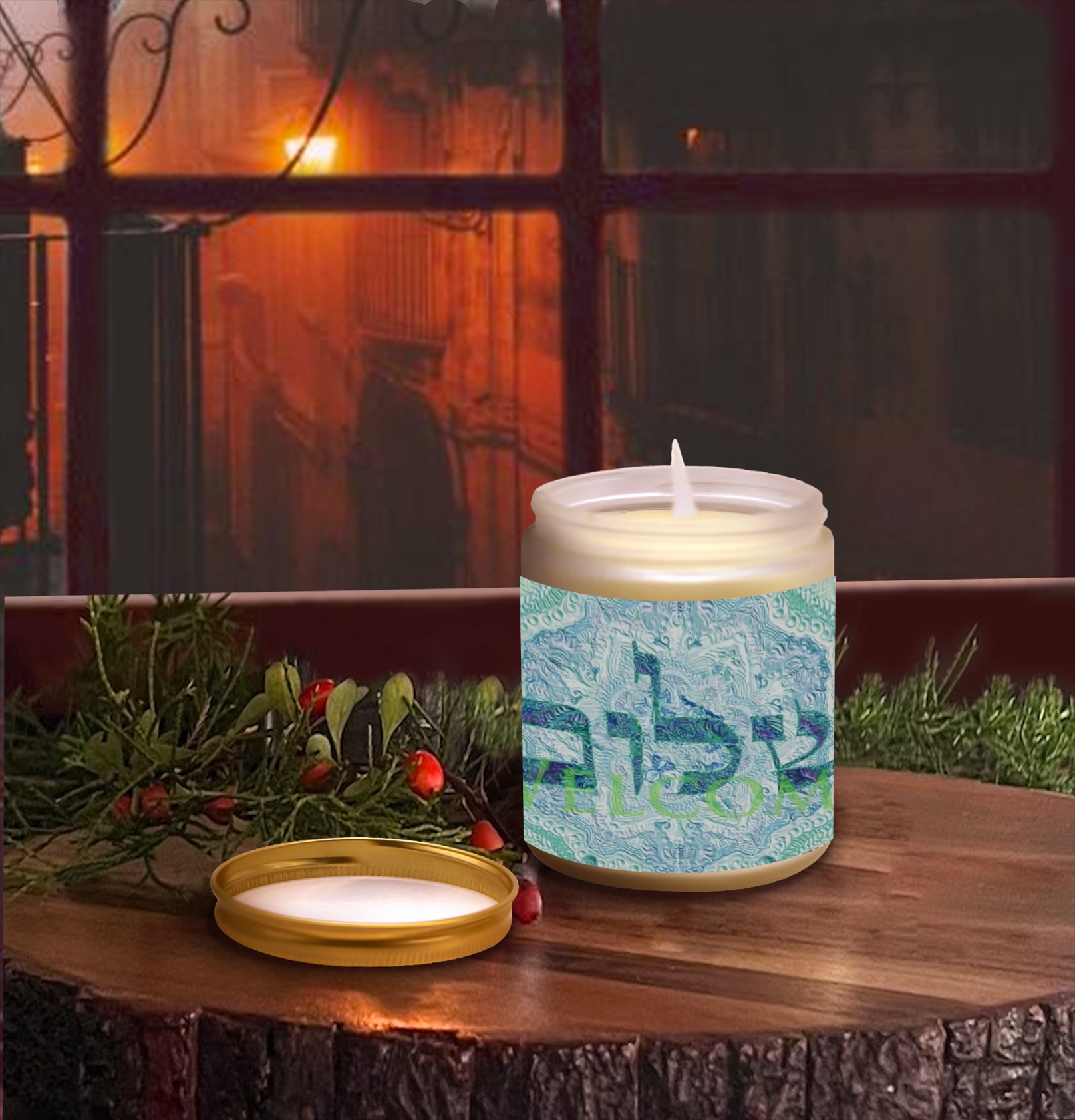 shalom  Welcome blue 2 Frosted Glass Candle Cup - Large Size (Lavender&Lemon)