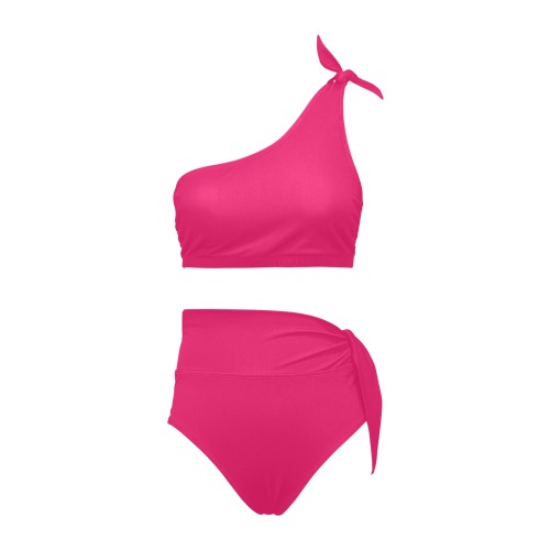 color ruby High Waisted One Shoulder Bikini Set (Model S16)