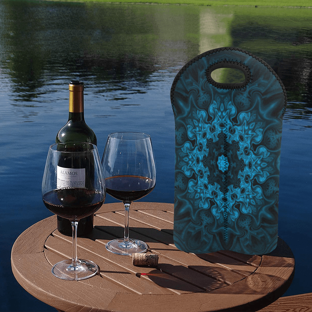blue and black Fractal Mandala 2-Bottle Neoprene Wine Bag