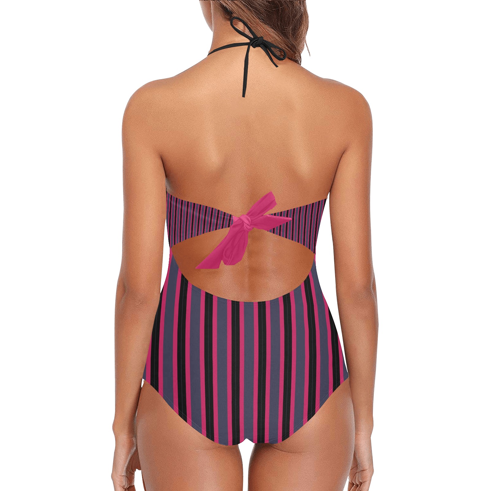 Pink Black and Blue Stripes Lace Band Embossing Swimsuit (Model S15)