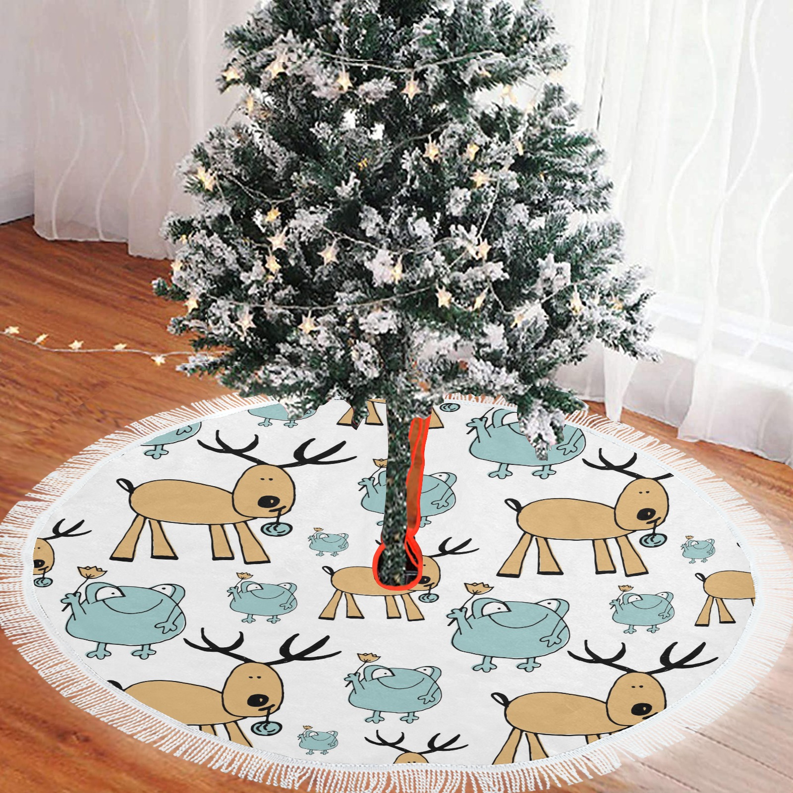 Frogs And Reindeer Pattern Thick Fringe Christmas Tree Skirt 60"x60"