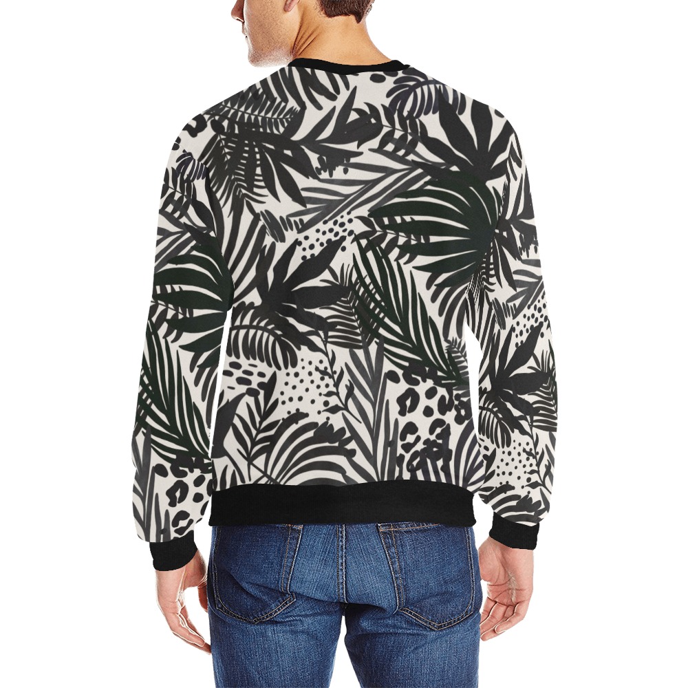 Wild_abstract_jungle_on_black_P Men's Rib Cuff Crew Neck Sweatshirt (Model H34)