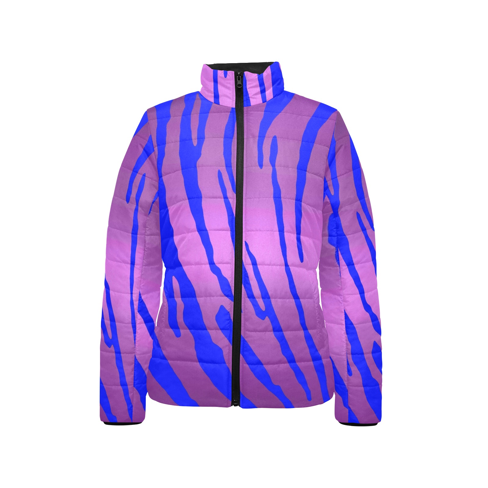 Metallic Tiger Stripes Pink Blue Women's Stand Collar Padded Jacket (Model H41)