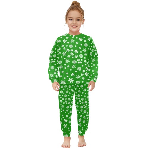Christmas White Snowflakes on Green Little Girls' Crew Neck Long Pajama Set