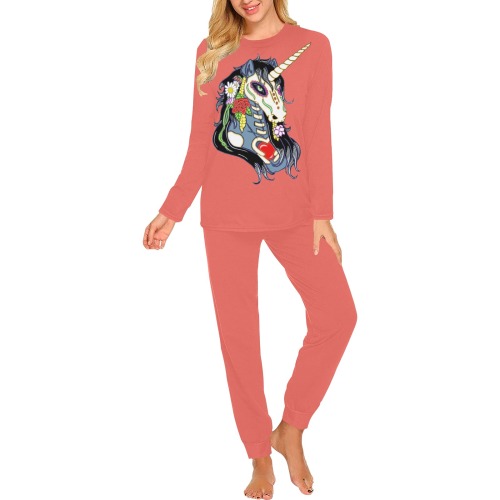Spring Flower Unicorn Skull Coral Women's All Over Print Pajama Set