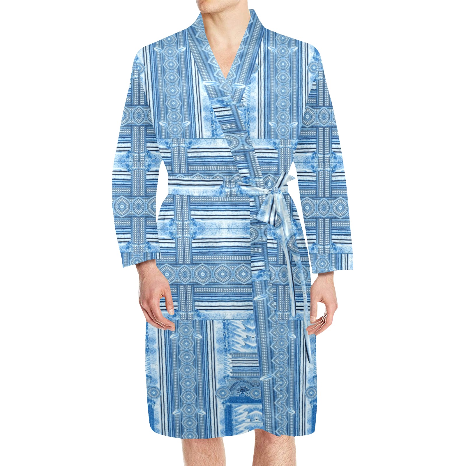 greec mosaic bleu faience Men's Long Sleeve Belted Night Robe (Model H56)