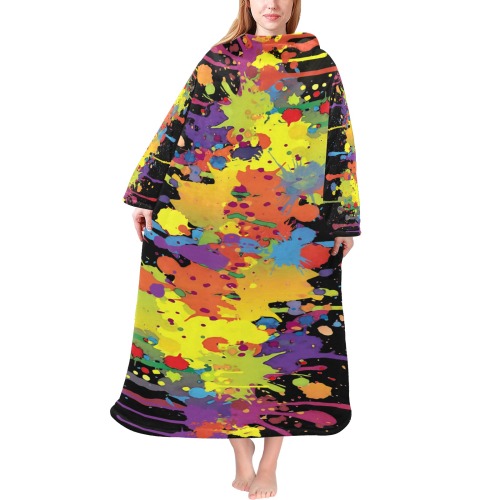 CRAZY multicolored double running SPLASHES Blanket Robe with Sleeves for Adults