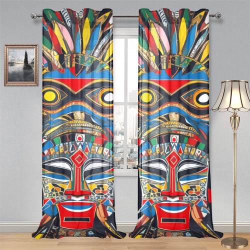 Chic abstract African masks. Colorful abstract art Gauze Curtain 28"x95" (Two-Piece)