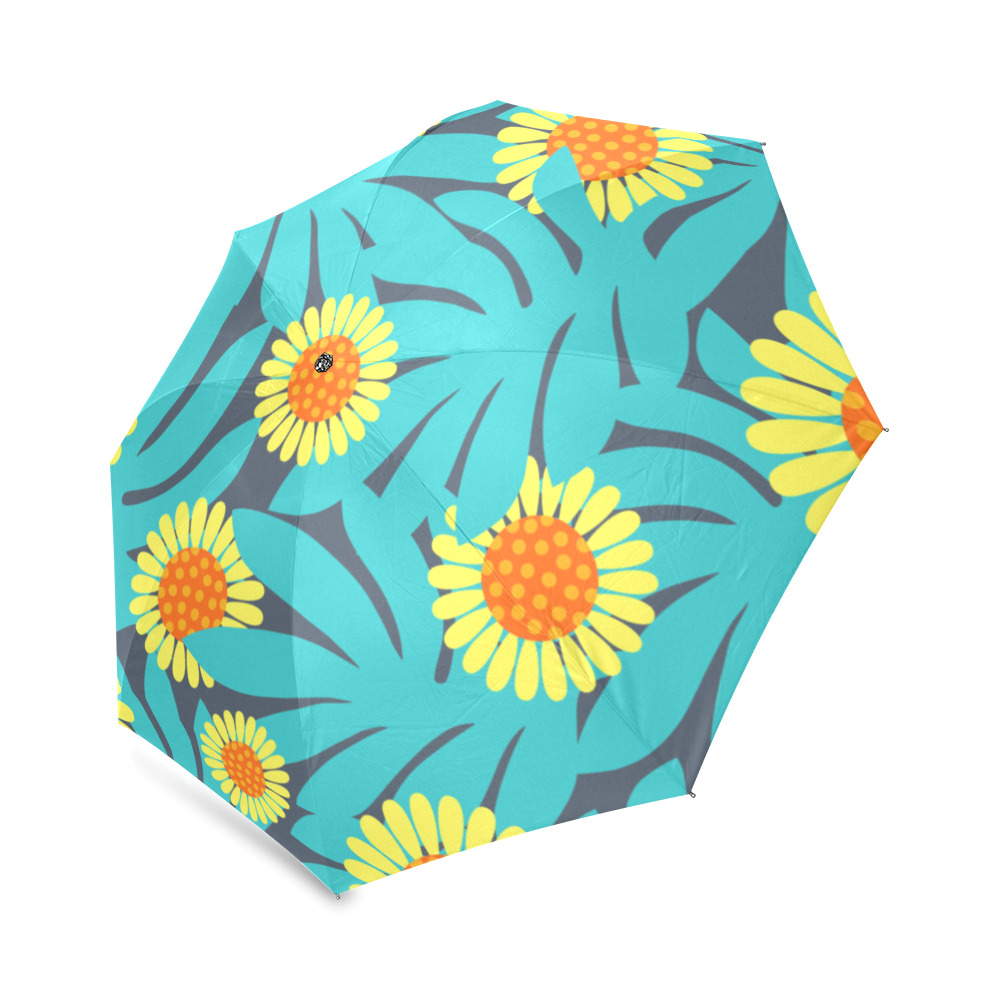 Yellow and Teal Paradise Jungle Flowers and Leaves Foldable Umbrella (Model U01)