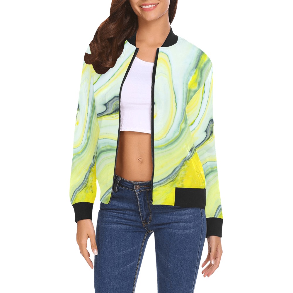 Yellow-Green marbled All Over Print Bomber Jacket for Women (Model H19)