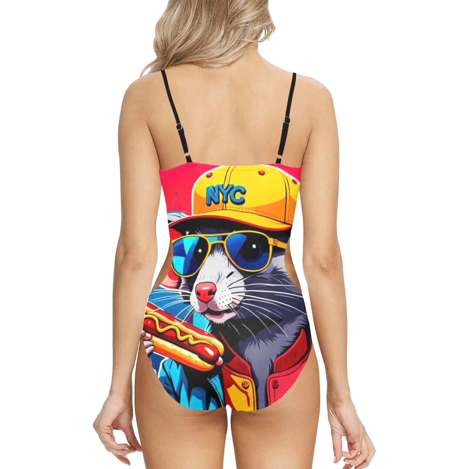 HOT DOG EATING NYC RAT 3 Spaghetti Strap Cut Out Sides Swimsuit (Model S28)