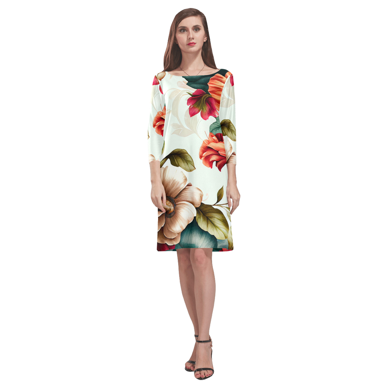 flowers botanic art (4) dress fashion Rhea Loose Round Neck Dress(Model D22)