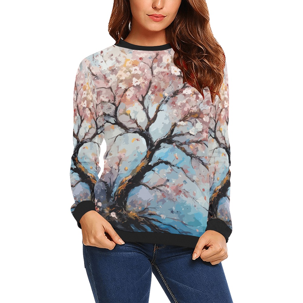 Sakura tree in full bloom. Hanami season art. All Over Print Crewneck Sweatshirt for Women (Model H18)