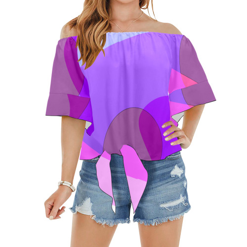 Purple Retro Groovy Abstract 409 Off Shoulder Knot Front Blouse (Model T71)