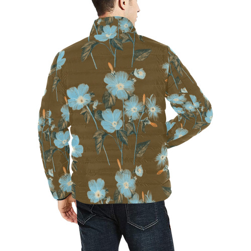 Rustic Blue Floral Bouquet Men's Stand Collar Padded Jacket (Model H41)