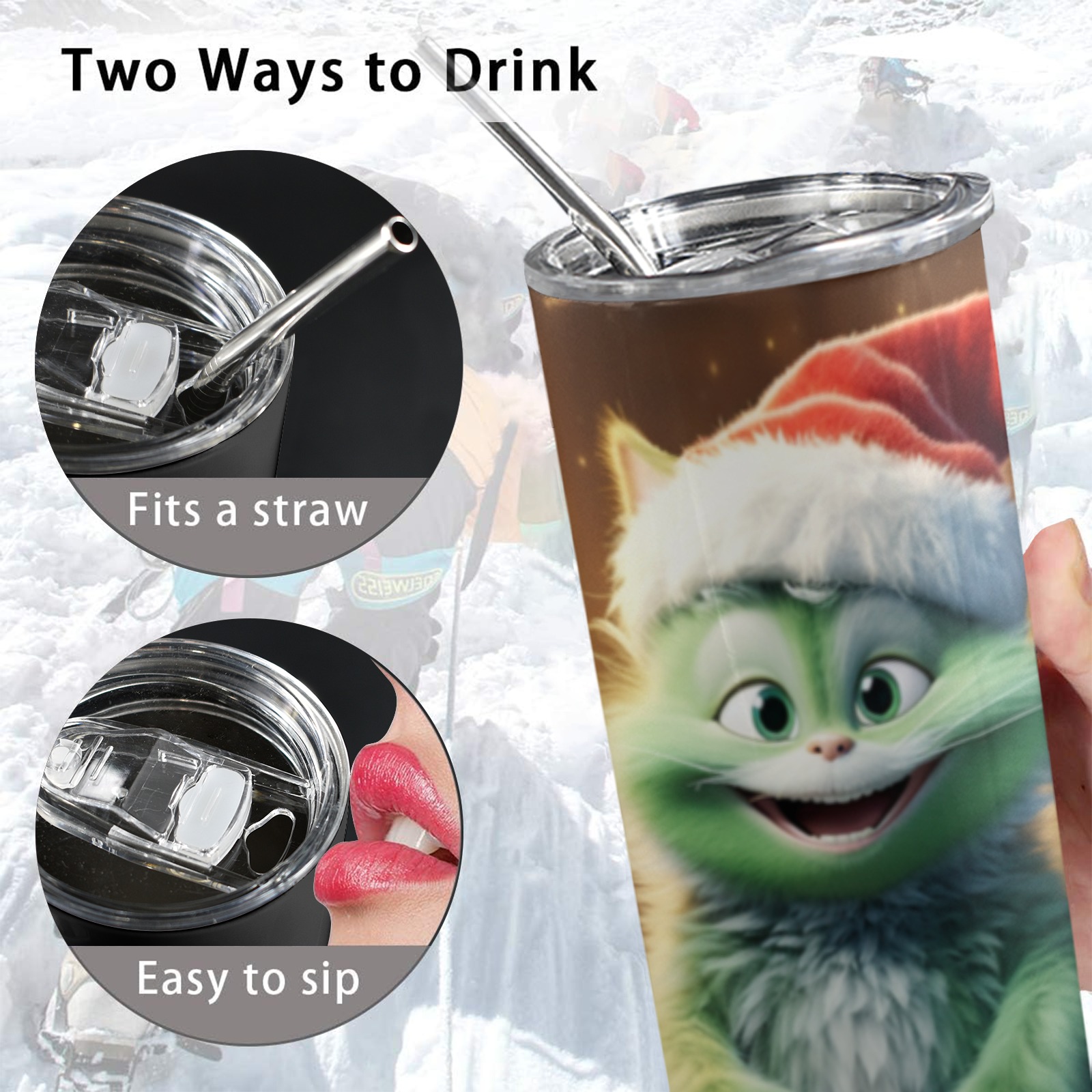 Cute Green Happy Christmas Kitty 20oz Tall Skinny Tumbler with Lid and Straw