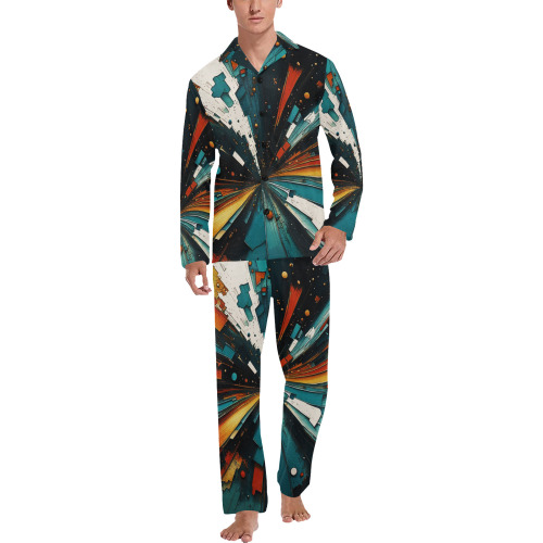 Abstract Blue And Orange 607 Men's V-Neck Long Pajama Set