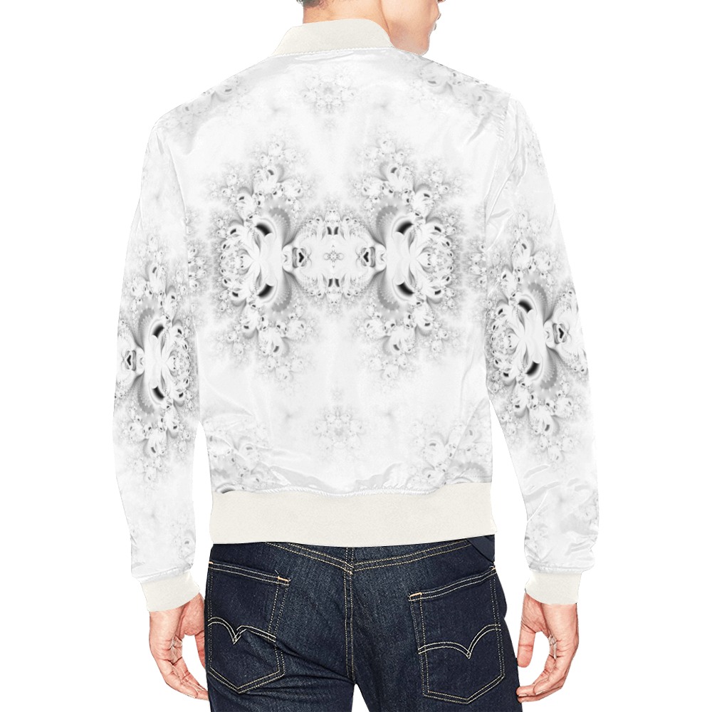 Snowy Winter White Frost Fractal All Over Print Bomber Jacket for Men (Model H19)
