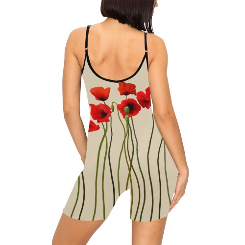 Poppies Floral Design Papaver somniferum on beige Women's Short Yoga Bodysuit