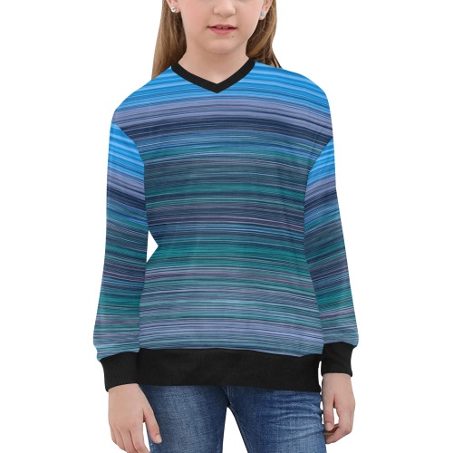 Abstract Blue Horizontal Stripes Girls' All Over Print V-Neck Sweater (Model H48)
