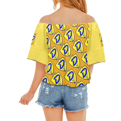 DIONIO Clothing - Women's Off Shoulder Knot Blouse (Yellow Grand Prix Logo) Off Shoulder Knot Front Blouse (Model T71)