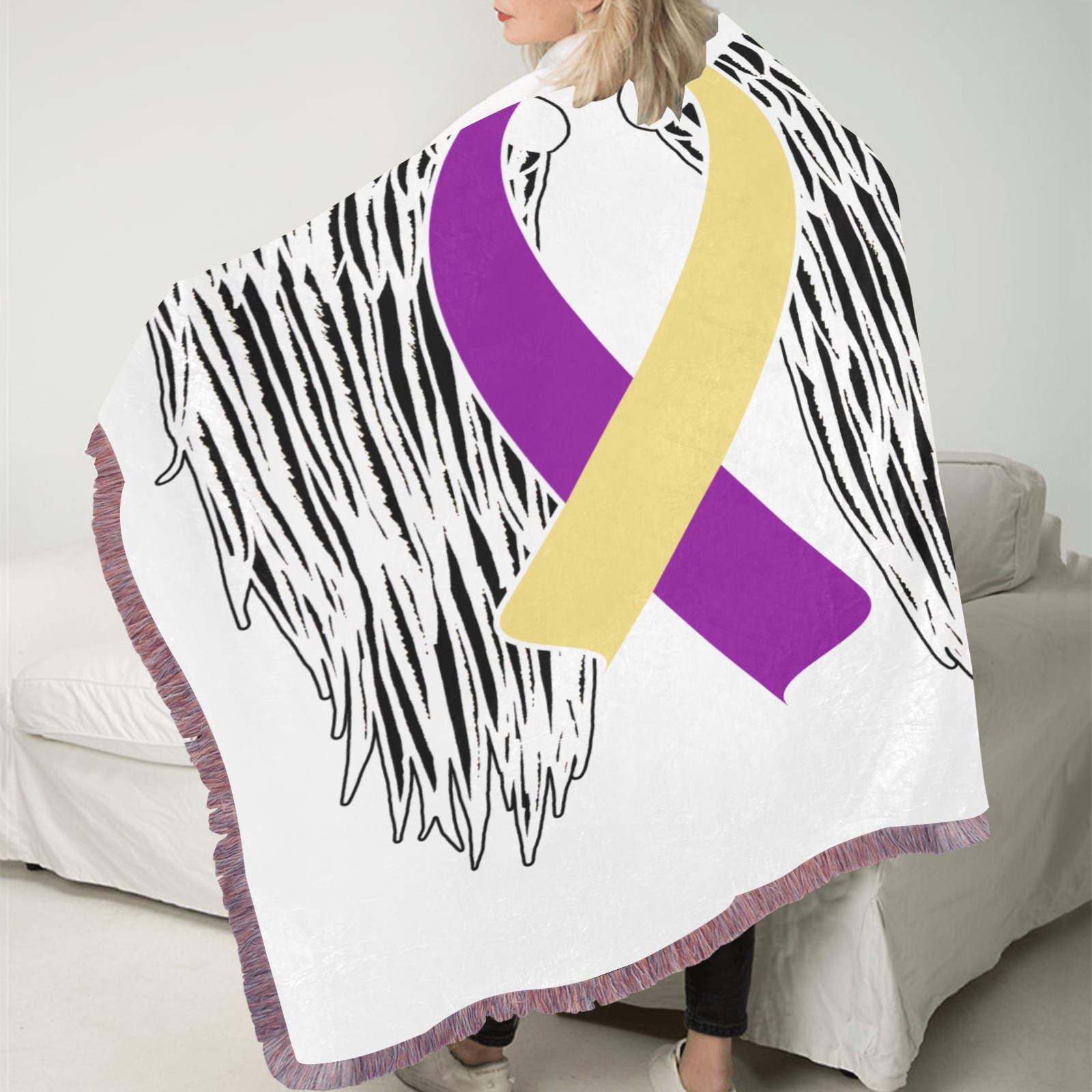Winged Ribbon Bladder Cancer Ultra-Soft Fringe Blanket 30"x40" (Mixed Pink)