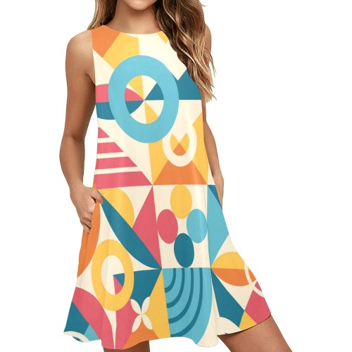 Spring Geometric Abstract Sleeveless A-Line Pocket Dress (Model D57)